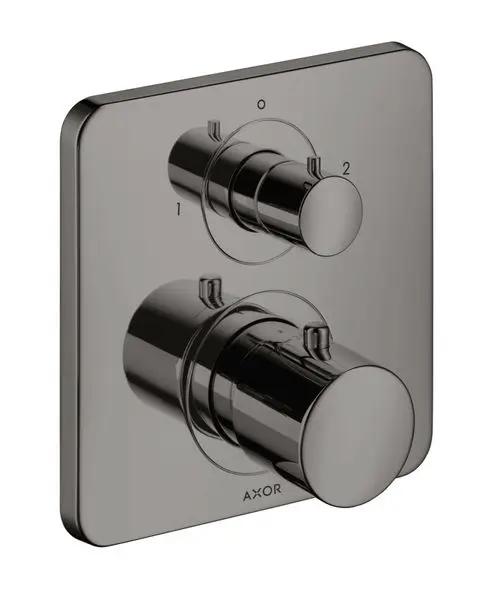 Thermostat mit Ab- und Umstellventil in poliertem Schwarzchrom, montiert auf einer quadratischen Wandplatte. Das Produkt stammt von der Marke AXOR.
